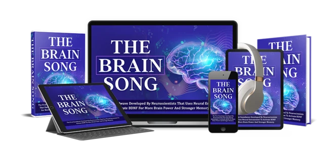 Seller mockup of The Brain Song cover on a laptop, tablet, phone and book. The product itself is a 12-minute digital audio.
